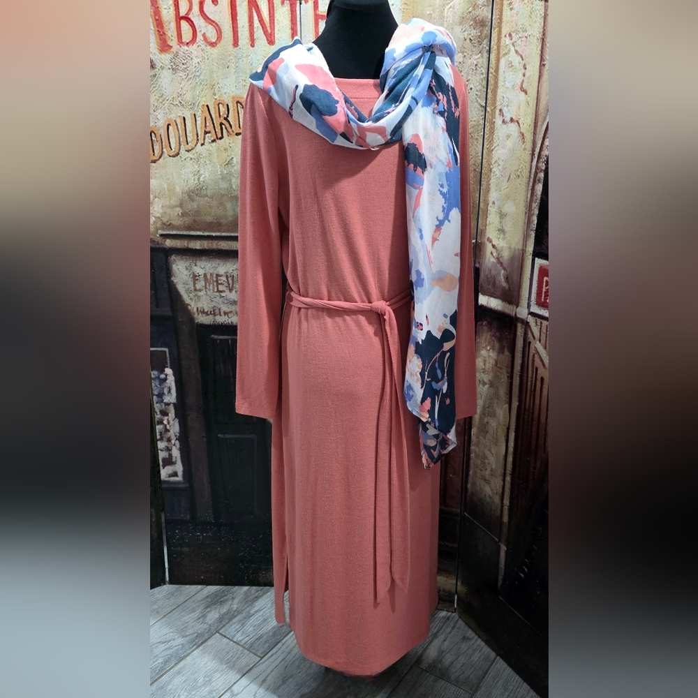 EUC Coral Long Sleeve Belted Maxi Dress with Floral Scarf